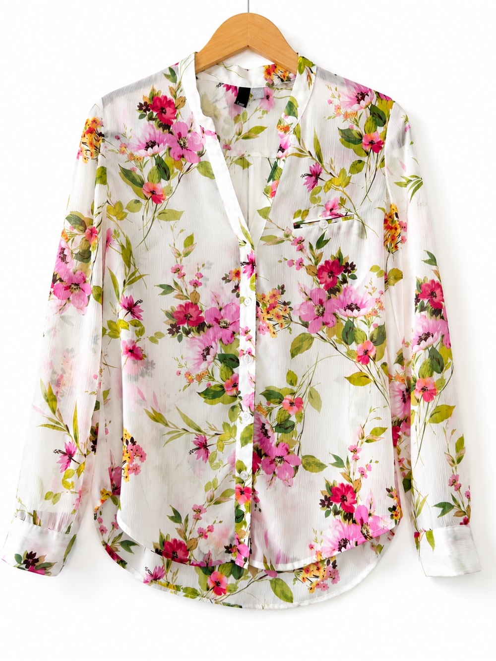 KUT from the Kloth Floral Sheer Blouse XS Pink White Button Front Top